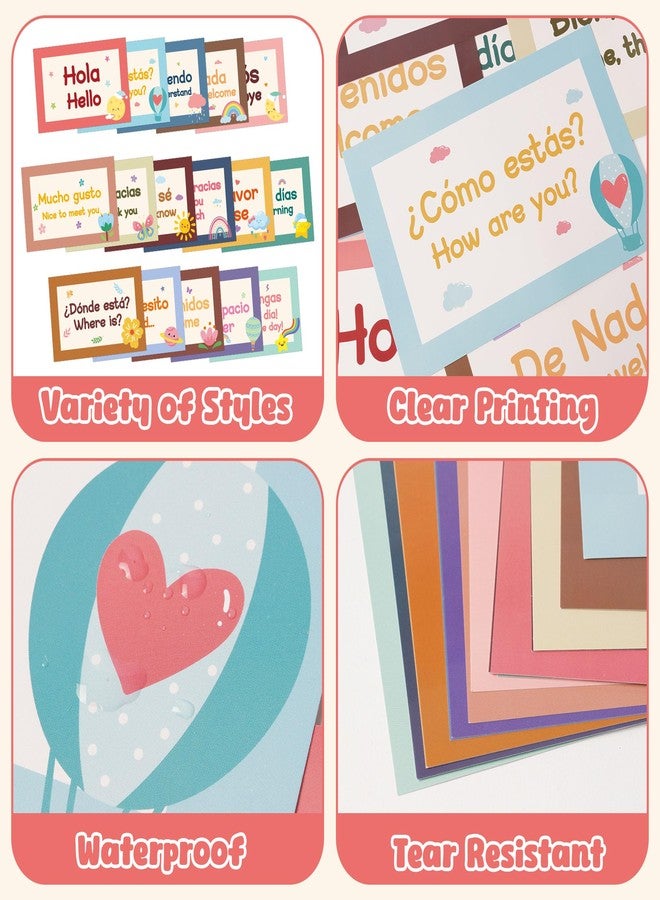 WATINC Spanish Words Phrases Poster - 16pcs Spanish Posters Set Classroom Decorations, Preschool Bilingual Study Learning Materials Teacher Supplies, Educational Language Bulletin Board (Colorful) - Image 3